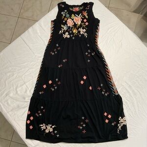 Johnny Was Black Maxi Dress with Floral Embroidery